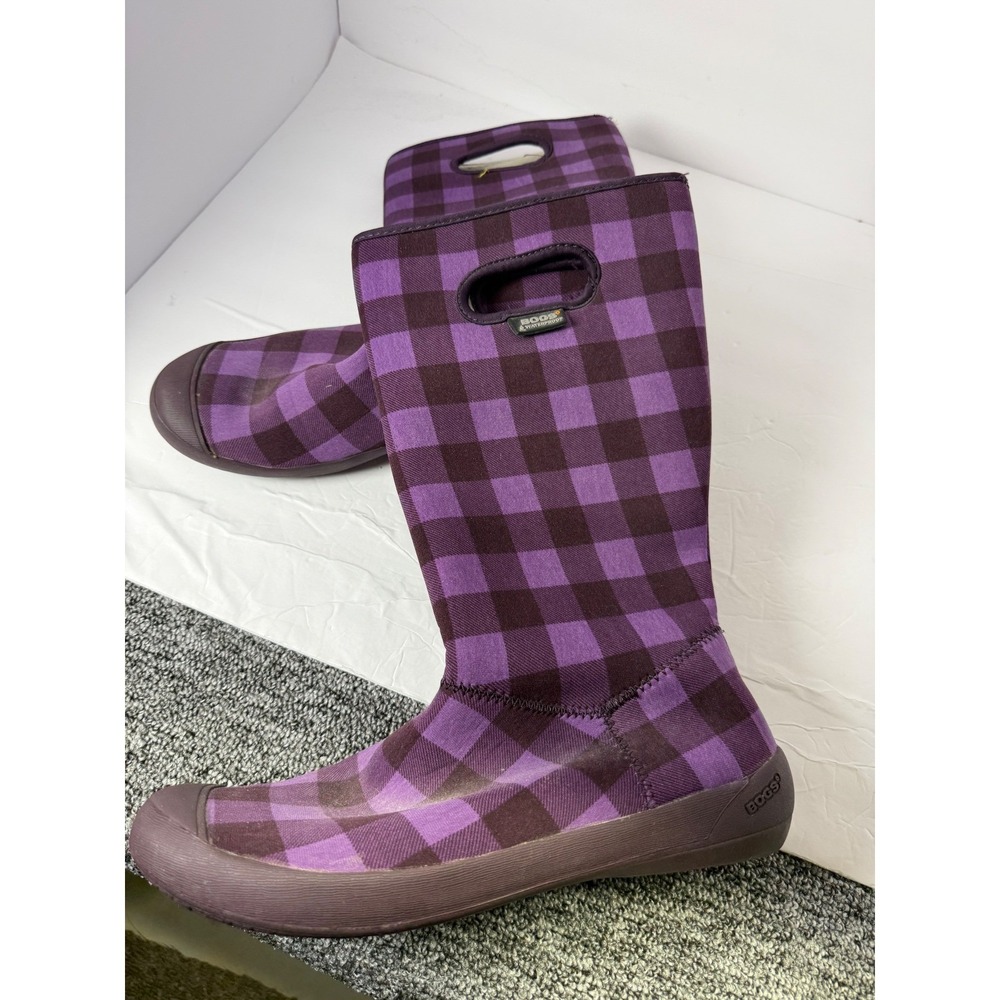 Bogs Purple Buffalo Plaid Waterproof Winter Boots Faux Fur Lined Womens 10